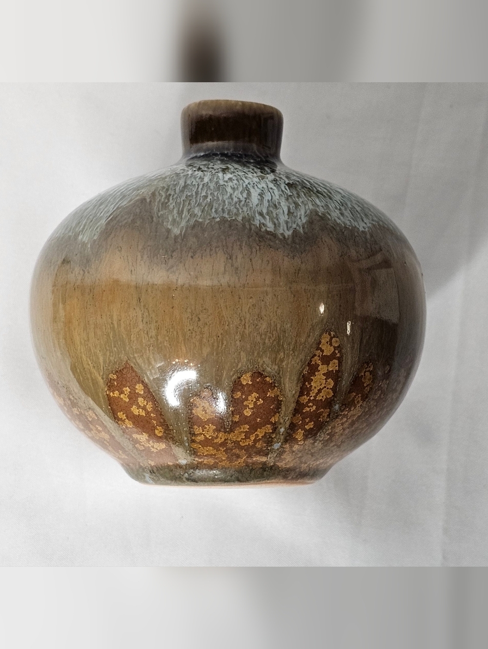 Studio Pottery Bud Vase Crystalline Drip Glaze Earth Tones MCM Round 4" - Picture 7 of 9